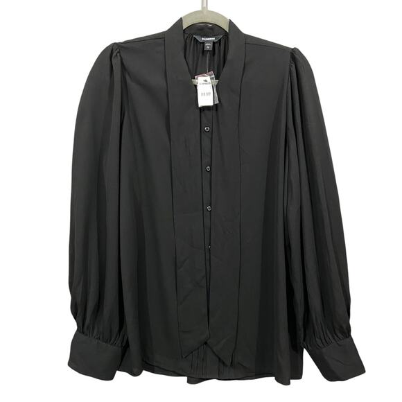 Express Tie Neck Black Long Sleeves Button Up Shirt Women's Size Large - Picture 2 of 9